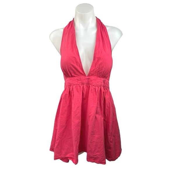 Double Crazy 100% Cotton Pink Plunge V Halter A Line Mini Dress Size M - Picture 1 of 4